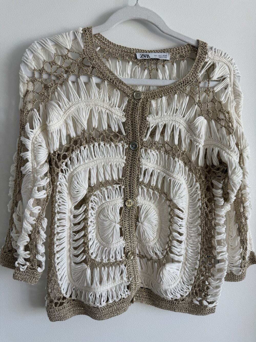 NWOT Zara White Gold Crochet Knit Cardigan Jacket Boho Open Weave Festival -L